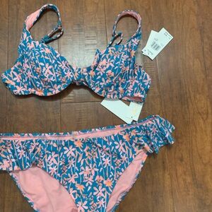 Raisins Bikini Teal and Coral Floral Bikini Bottom ruffle /adjustable straps